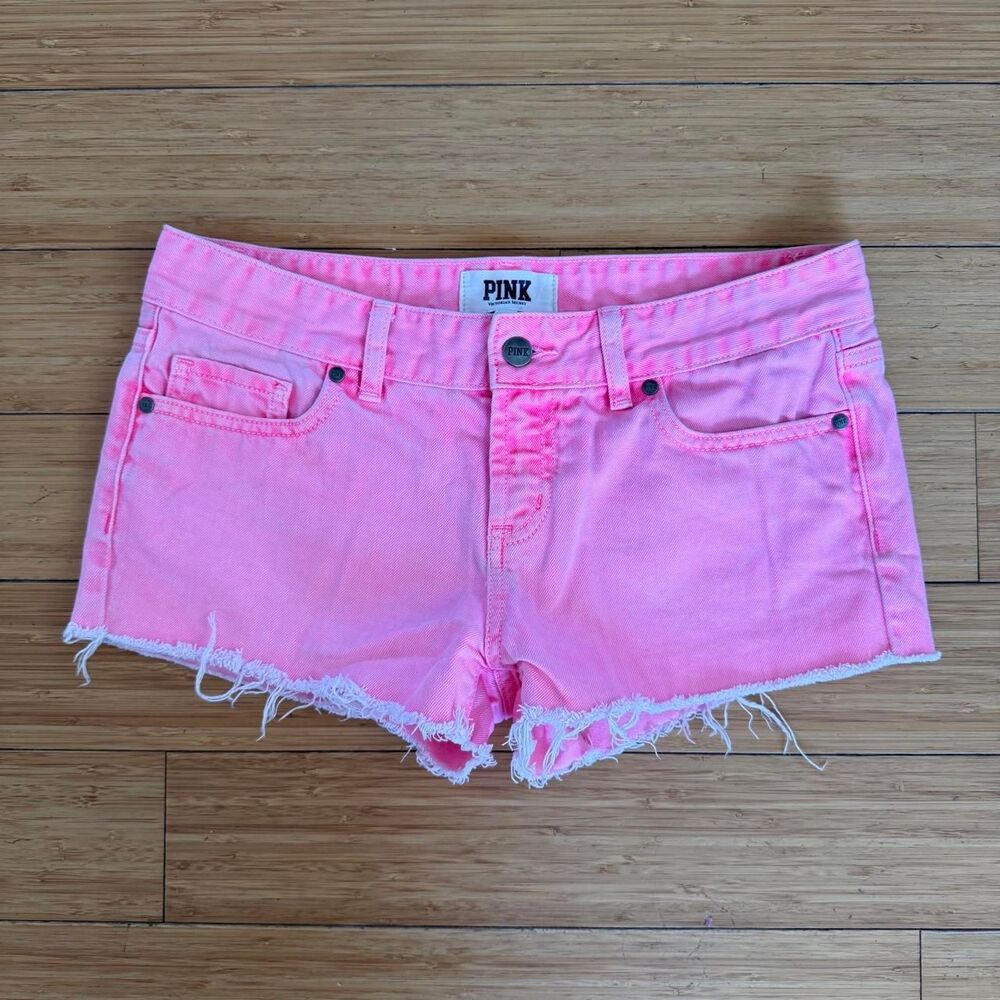 PINK Victoria’s Secret Neon Pink Low Rise Cutoff Shortie Shorts Size 4 Y2K